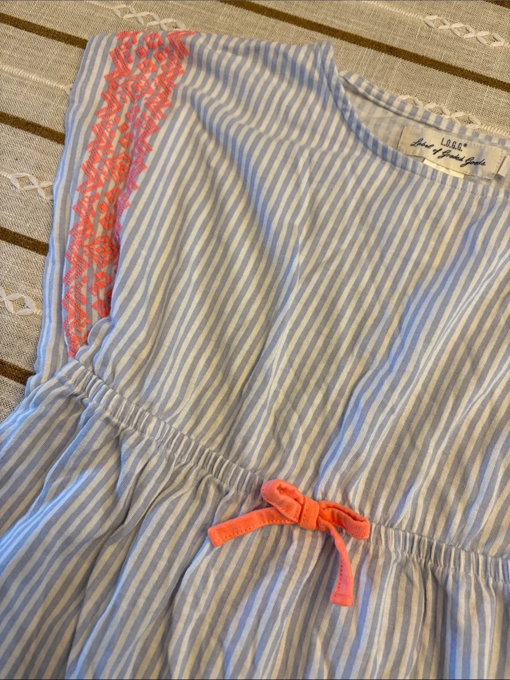 Blue and White Striped Dress with Coral Trim